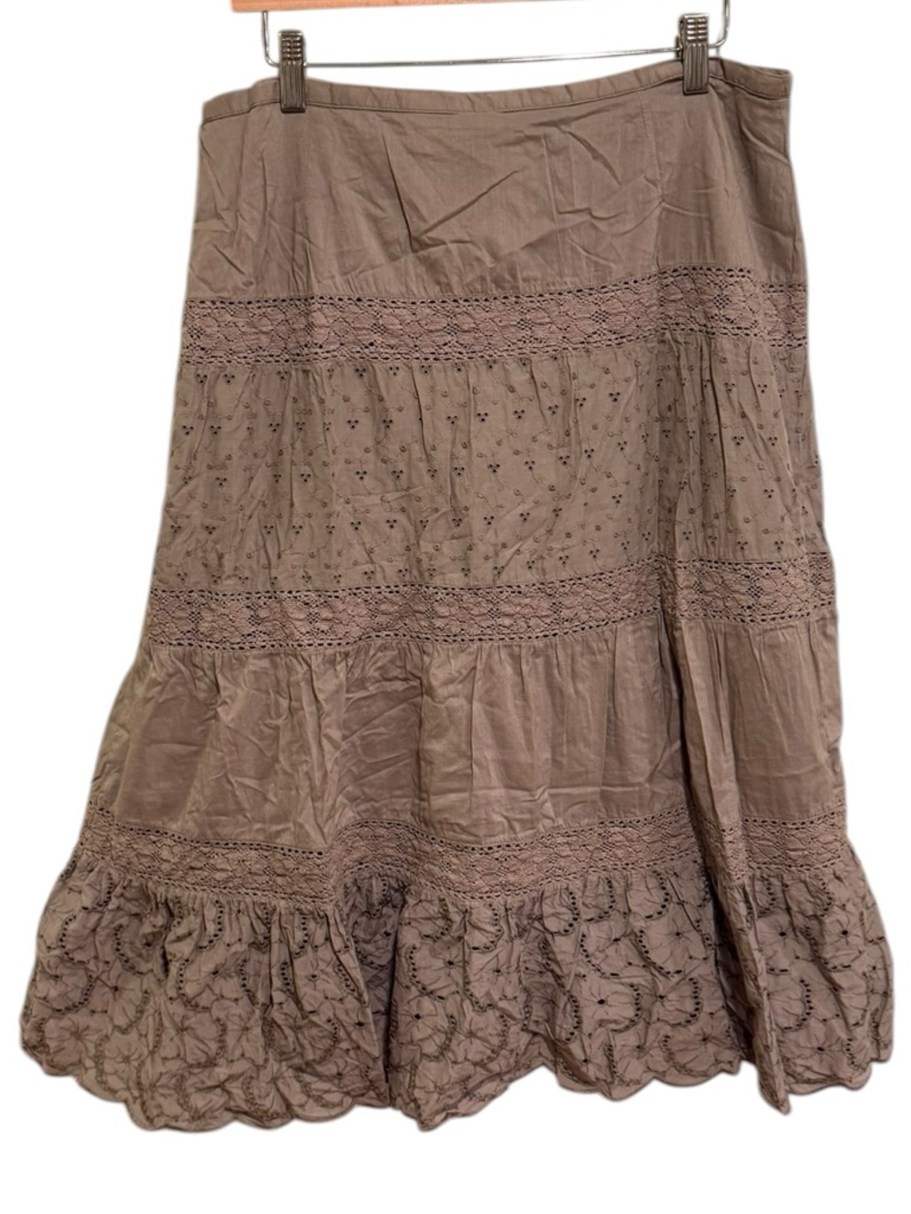 French Designer La Boutique Cafe Mocha Embroidered Tiered Midi Skirt- Size 14